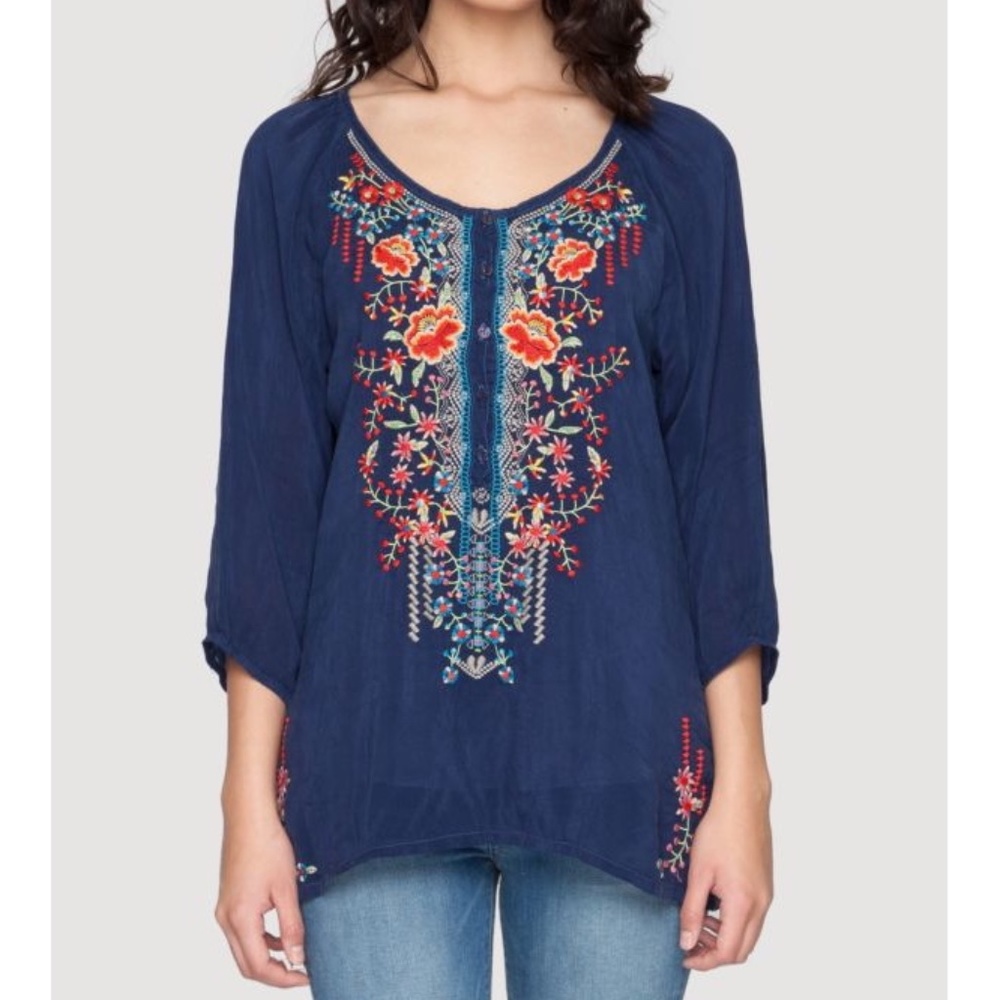 JW | Olivia Bird Floral Embroidery 3/4 Sleeve Lightweight Boho Peasant Blouse